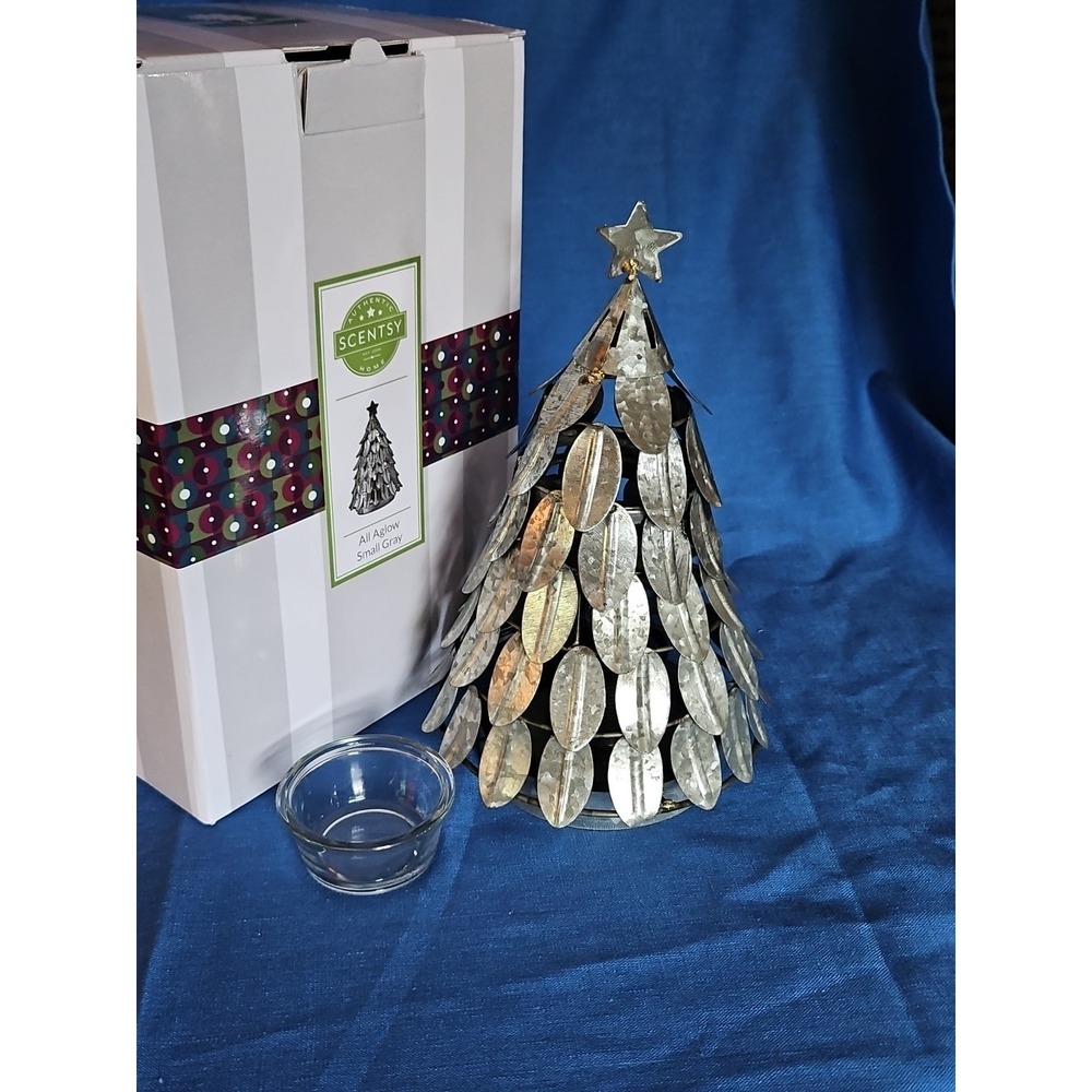 Scentsy Christmas Tree All Aglow Small Gray Metal Tree Wax Warmer Farmhouse Chic